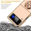 A rose gold flip phone case is shown in a dynamic shot, appearing to be dropped onto a pile of rocks. Text overlays highlight its protective features. Produktbild-Vorschau