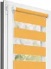 A close-up view of an orange and white zebra blind installed in a white window frame. Produktbild-Vorschau