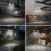 Collage of four images showing a portable LED work light in different settings: a garage, an outdoor construction site, a house entrance, and a warehouse. Náhled obrázku produktu