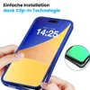 Hands holding a blue phone case around a smartphone with a blue and yellow wallpaper. Produktbild-Vorschau