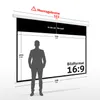 A diagram showing the dimensions of a projector screen with a silhouette of a person for scale. Produktbild-Vorschau