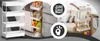 Collage showing a white 4-tier rolling cart in different settings, including a kitchen and a living room, with icons indicating features. Podgląd zdjęcia produktu