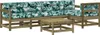 A wooden garden lounge set with green and white patterned cushions and a matching coffee table, set against a white background. Náhled obrázku produktu