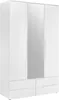 A white wardrobe with three doors and a mirrored center door, with drawers at the bottom. Produktbild-Vorschau