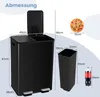 A diagram showing the dimensions of a black trash can with two compartments, along with a pizza and a soda bottle for scale. Náhled obrázku produktu