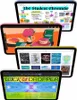 A collage of four iPads displaying different content, including a mind map, an illustration, book covers, and a magazine cover. Produktbild-Vorschau
