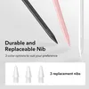 Three digital pens in different colors (black, pink, white) are shown, along with three replacement nibs. Text highlights durability and replaceable nibs, and mentions 3 color options. Podgląd zdjęcia produktu