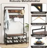 A product image showcasing a coat rack and shoe bench with various features highlighted through text and diagrams. Voir les images du produit