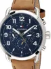 Close-up of a Tommy Hilfiger watch with a blue dial and brown leather strap. Produktbild-Vorschau