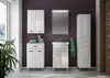 A modern bathroom vanity set with a sink, cabinets, and a tall storage unit against a purple wall. Voir les images du produit