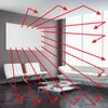 A modern living room with a large white canvas on the wall, two white chairs, a coffee table, and a white sofa. Red arrows indicate light rays reflecting off surfaces. Anteprima dell’immagine prodotto