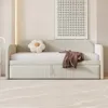 A beige daybed with a white mattress and a brown throw blanket is shown in a room with a patterned artwork on the wall. Anteprima dell’immagine prodotto
