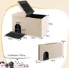 A diagram showing a beige cat house with dimensions and a folded view of the product. Produktbild-Vorschau