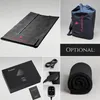 A collage of images showing a portable infrared sauna blanket, its packaging, accessories, and a storage bag. Produktbild-Vorschau