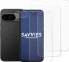 A black smartphone is shown next to three clear screen protectors, with the brand name 'SAVVIES' visible on one of the protectors. Produktbild-Vorschau