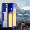A blue and transparent phone case is shown in front of a mountainous landscape. Produktbild-Vorschau