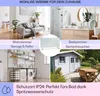 Collage showing multiple room settings where a heater can be used, along with text about its features. Produktbild-Vorschau