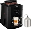 A black Krups coffee machine with a glass of latte and a milk jug. Podgląd zdjęcia produktu