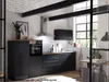 A modern black kitchen with stainless steel appliances and wooden countertops, set in a loft-style space with exposed beams and large windows. Produktbild-Vorschau