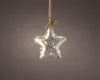 A silver star ornament with LED lights hangs from a rope. Produktbild-Vorschau