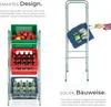 A multi-tiered storage rack filled with various items, next to a person placing a crate onto a similar rack. Náhled obrázku produktu