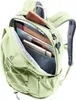 A light green Deuter backpack is shown with its main compartment open, revealing books and a wallet inside. Voir les images du produit