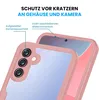 Close-up of a pink phone case with a transparent back, showing the camera lenses and the phone screen. Produktbild-Vorschau