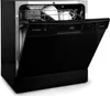 A black dishwasher with its door open, showing the interior racks and some dishes. Náhled obrázku produktu