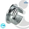A close-up studio shot of a chrome overflow cover for a sink. Produktbild-Vorschau