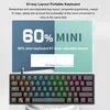 A marketing image showcasing a compact 61-key mechanical keyboard with RGB backlighting, accompanied by text highlighting its features and layout. Produktbild-Vorschau