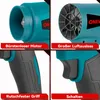 A collage of four close-up images showcasing different features of a teal and gray leaf blower. Voir les images du produit