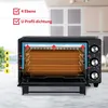 A cutaway view of a black mini oven showing its interior and rack levels, with arrows indicating airflow. Text overlays highlight features. Produktbild-Vorschau