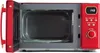 An open red microwave oven with its interior visible, showing a glass turntable and control panel. Produktbild-Vorschau