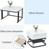 A collage of images showcasing a white marble-look coffee table with black geometric legs, highlighting its storage features. Voir les images du produit