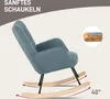 A blue rocking chair is shown from the side, with arrows indicating the rocking motion and a close-up of the wooden runners. Anteprima dell’immagine prodotto