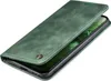 A green flip cover phone case is shown from a diagonal angle, partially open to reveal a phone screen. Produktbild-Vorschau