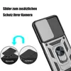 A close-up of a phone case with a sliding camera cover and a ring holder, with diagrams illustrating its features. Produktbild-Vorschau