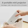 A hand is placing a white mini projector into a beige woven bag. Produktbild-Vorschau