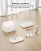 The image shows the disassembled parts of a white pet water fountain laid out on a wooden floor, with curtains in the background. Text overlays describe the product's ease of assembly. Produktbild-Vorschau