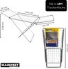 A diagram showing the dimensions of a clothes dryer, with a separate image of the clothes dryer in its folded state. Produktbild-Vorschau