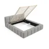 A grey upholstered bed frame with its slatted base lifted, revealing storage space underneath. Produktbild-Vorschau