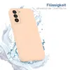 A peach-colored phone case is shown with water splashing around it, suggesting water resistance. Produktbild-Vorschau