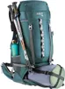 A green hiking backpack with trekking poles and a water bottle attached. Produktbild-Vorschau