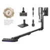 A cordless stick vacuum cleaner and its accessories are displayed against a white background. Produktbild-Vorschau
