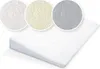 A white wedge pillow is shown with three circular close-ups of different fabric textures in white, cream, and gray. Náhľad obrázku produktu
