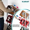 A person is shown placing a bottle crate into a multi-tiered storage rack. The rack is gray metal and has three shelves. The crates are brown and red. There is an overlay with text and arrows indicating how to insert and remove the crates. Produktbild-Vorschau