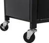 Close-up view of the bottom of a black grill, showing two of its caster wheels. Náhled obrázku produktu