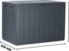 A dark gray plastic storage box is shown from the front with dimensions indicated. Náhled obrázku produktu