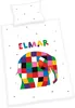 A white duvet cover and pillowcase set featuring a colorful patchwork elephant and the name 'ELMAR' printed on it, with small colorful dots scattered around. Produktbild-Vorschau
