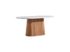 A white oval tabletop with a natural wood base made of vertical slats, isolated on a white background. Produktbild-Vorschau
